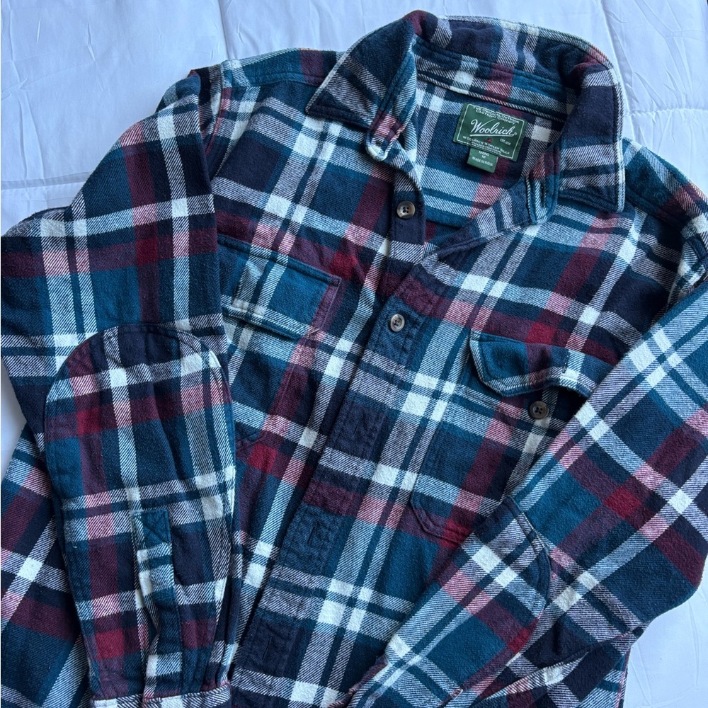 Woolrich Teal, Navy & Maroon Plaid Button-Down Flannel Shirt